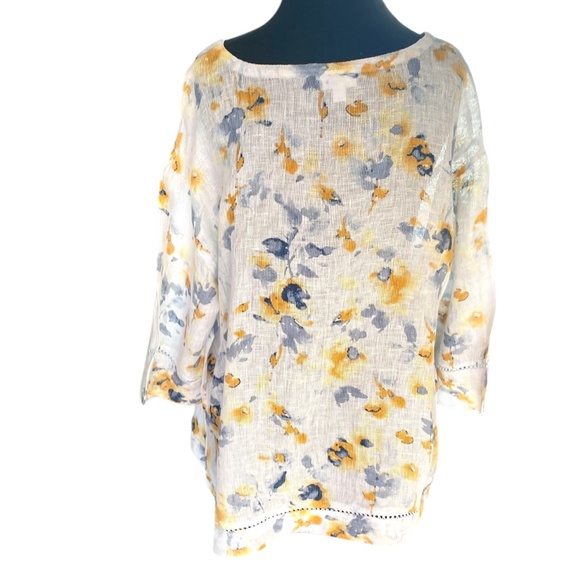 Pure J Jill  Linen Airy Floral Watercolor 3/4 Sleeves Crochet Women's Blouse, XL - Picture 3 of 8